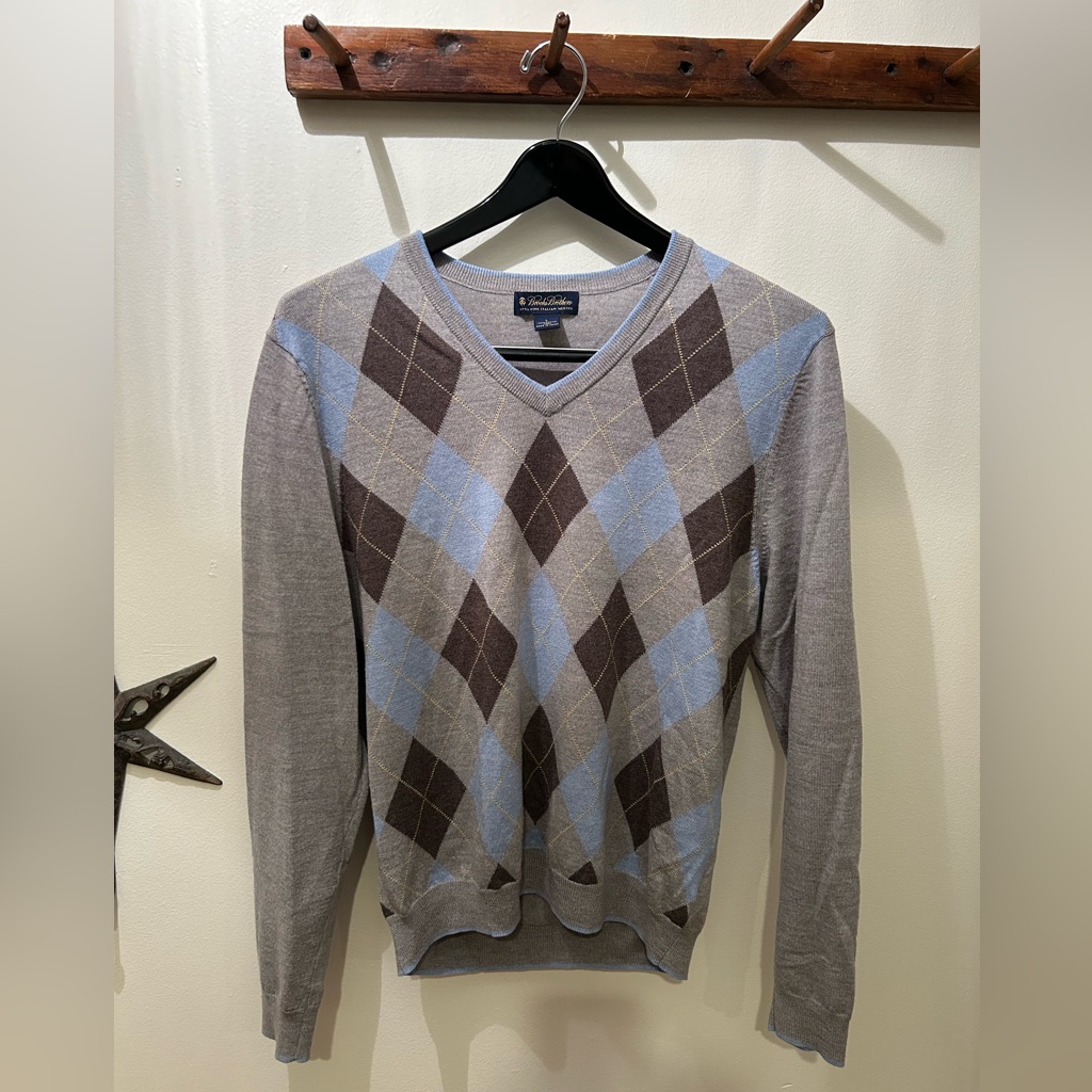 Brooks Brothers Men’s Lg Merino Wool Grey Argyle Sweaterv-Nevk